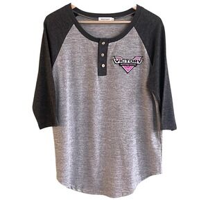 Victory Motorcycle Hocosit Woman Gray Color Block Henley Boyfriend T Shirt Large